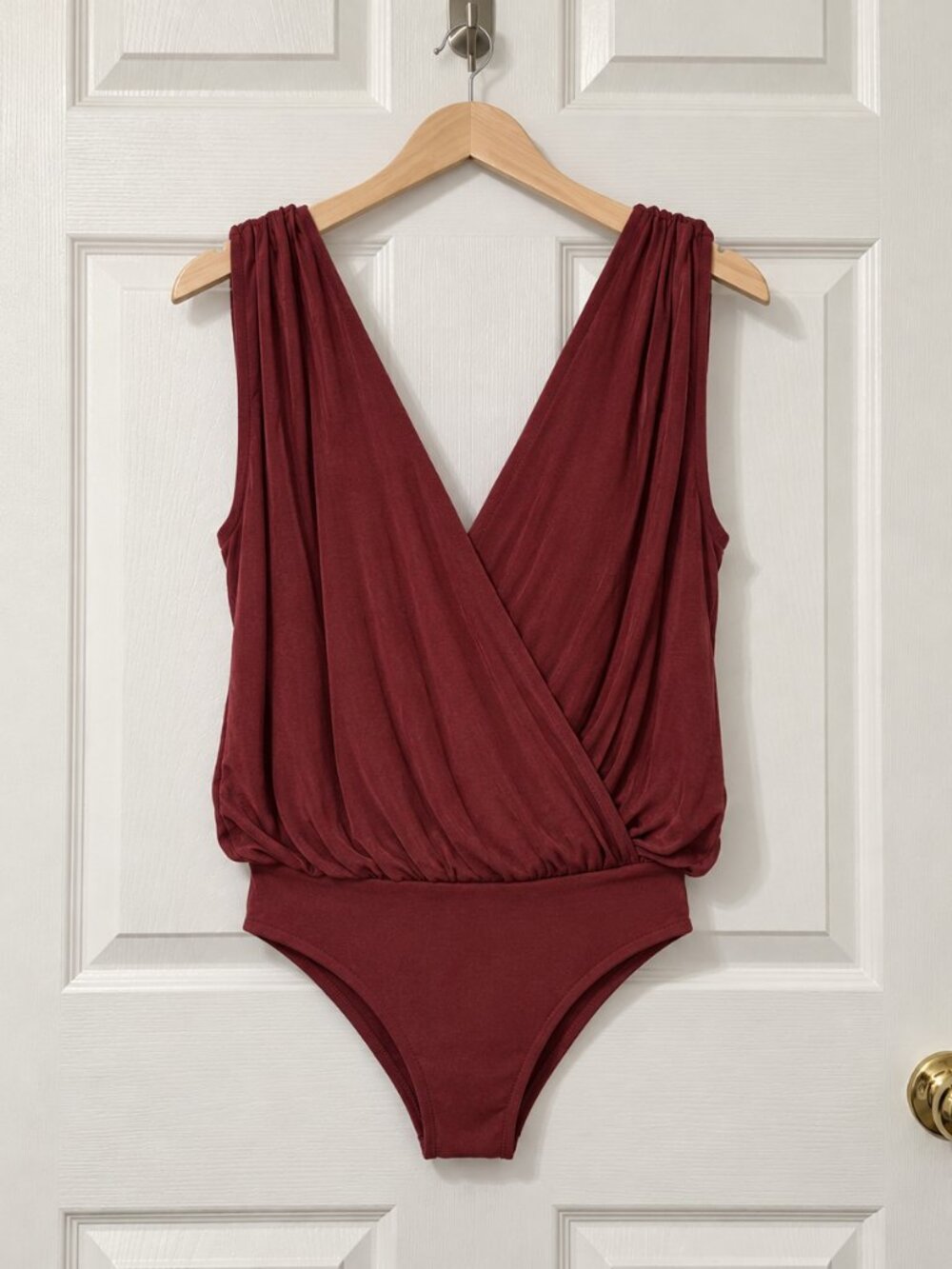 Free People Night Owl Burgundy Surplice Bodysuit XS